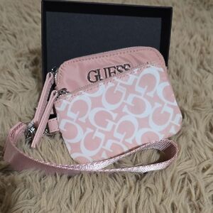 GUESS Pink Logo Wristlet with Dual Zip Pouches